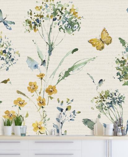 mural de parede floral colorido com libélula e borboleta mural de parede floral colorido com libélula e borboleta
