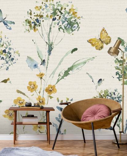 mural de pared floral colorido con libélula y mariposa