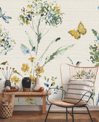 mural de parede floral colorido com libélula e borboleta