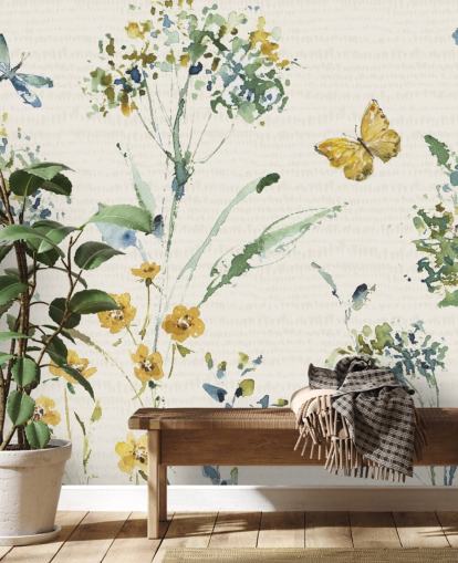 mural de parede floral colorido com libélula e borboleta