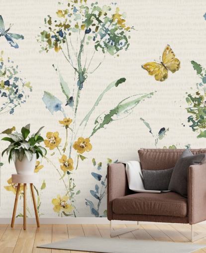 colourful floral wall mural with dragonfly and butterfly