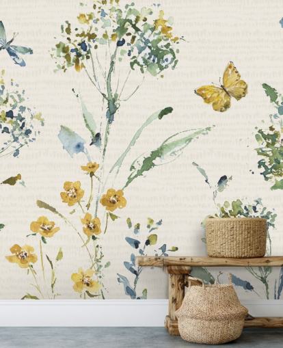 mural de pared floral colorido con libélula y mariposa