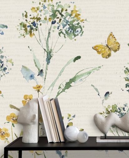 mural de pared floral colorido con libélula y mariposa mural de pared floral colorido con libélula y mariposa