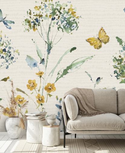 mural de pared floral colorido con libélula y mariposa mural de pared floral colorido con libélula y mariposa