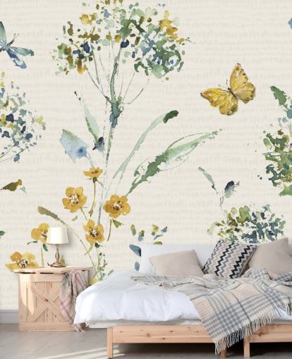 mural de pared floral colorido con libélula y mariposa mural de pared floral colorido con libélula y mariposa