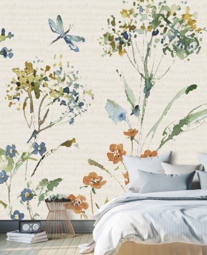 botanical wall mural with dragonfly