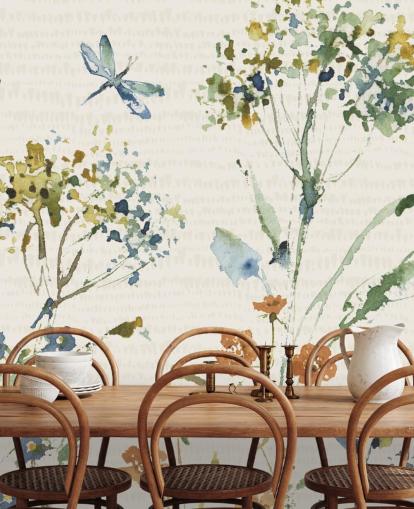 botanical wall mural with dragonfly