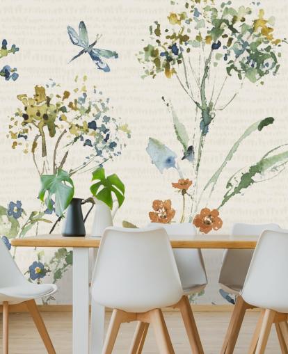 botanische muurschildering met libelle