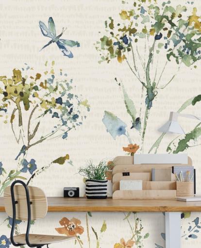 botanical wall mural with dragonfly