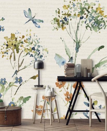 botanisches Wandbild mit Libelle