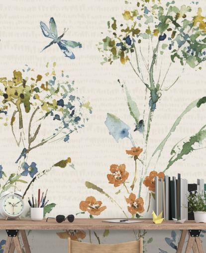botanical wall mural with dragonfly