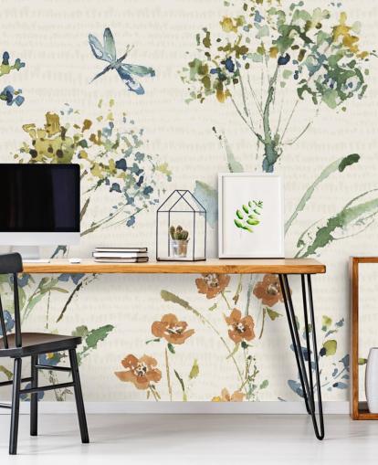 botanical wall mural with dragonfly