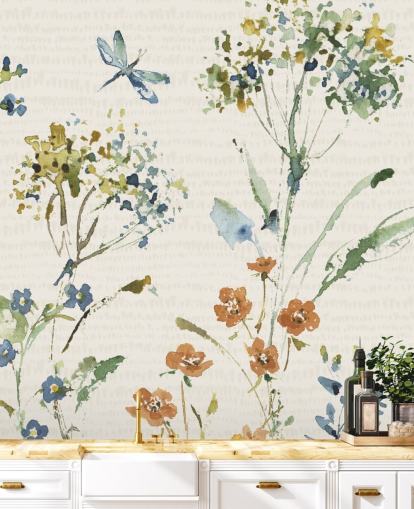 botanical wall mural with dragonfly