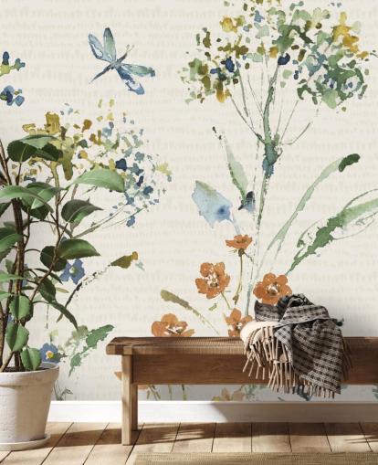 mural de pared botánico con libélula