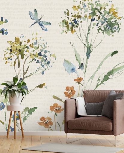 botanical wall mural with dragonfly