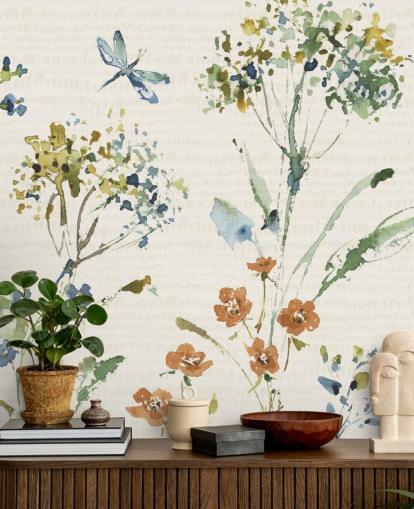 botanical wall mural with dragonfly