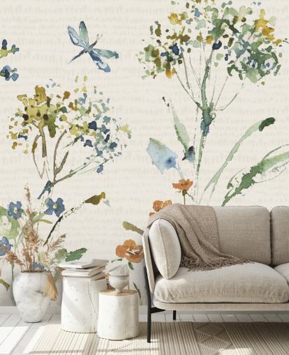 botanical wall mural with dragonfly