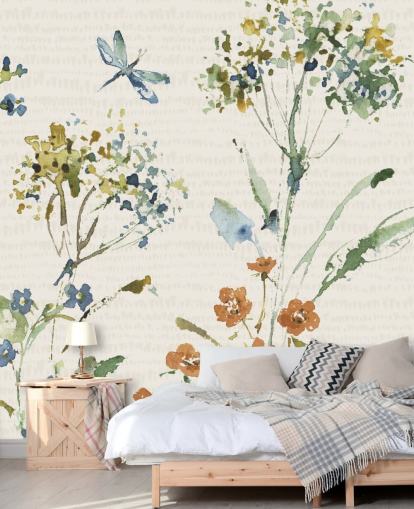 botanical wall mural with dragonfly