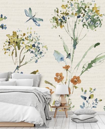 botanical wall mural with dragonfly