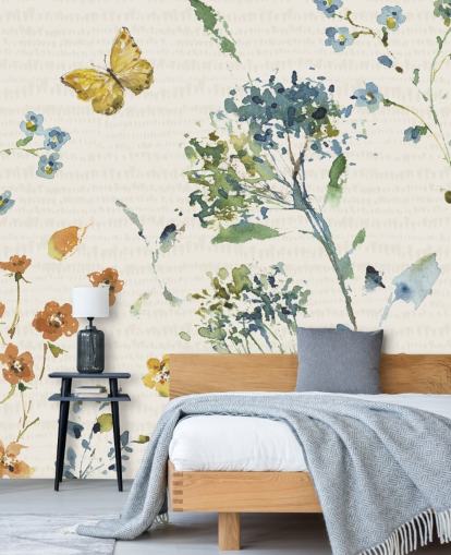 Blumen- und Schmetterlings-Wandbild in Blau und Orange