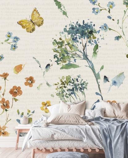 mural de parede floral e borboleta em azuis e laranjas