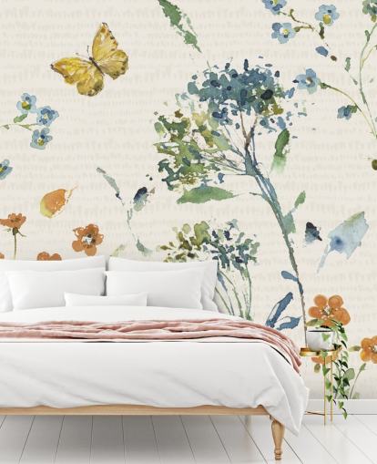 Blumen- und Schmetterlings-Wandbild in Blau und Orange