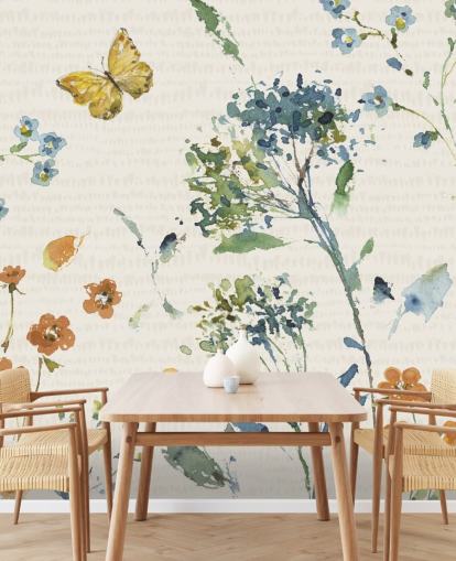 floral and butterfly wall mural in blues and oranges