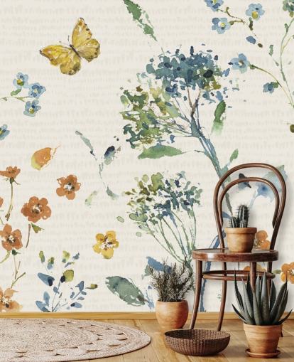 blomster- og sommerfuglveggmaleri i blå og appelsiner