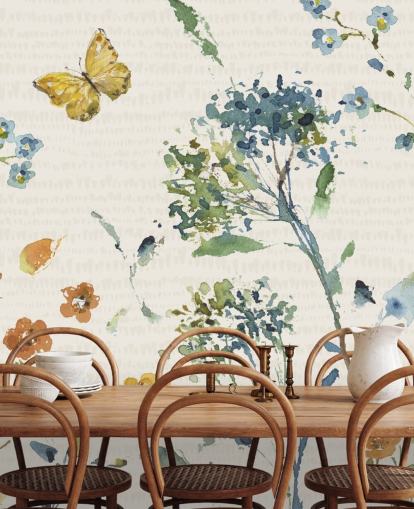 fresque murale florale et papillon dans les tons bleus et oranges