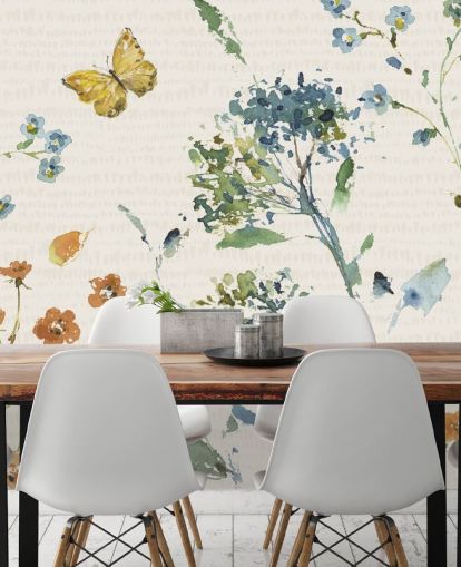 floral and butterfly wall mural in blues and oranges