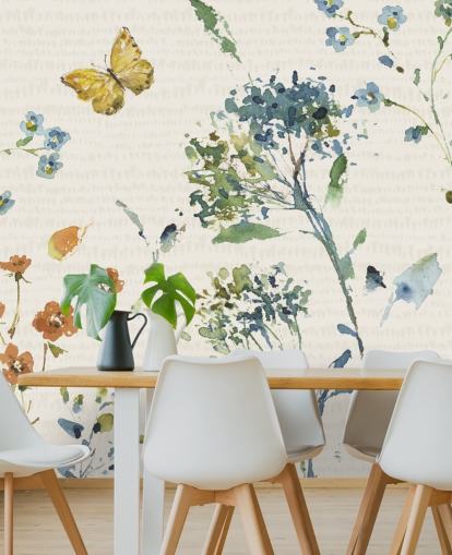 Blumen- und Schmetterlings-Wandbild in Blau und Orange