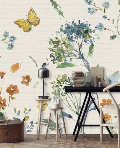 floral and butterfly wall mural in blues and oranges