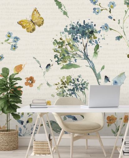 mural de parede floral e borboleta em azuis e laranjas