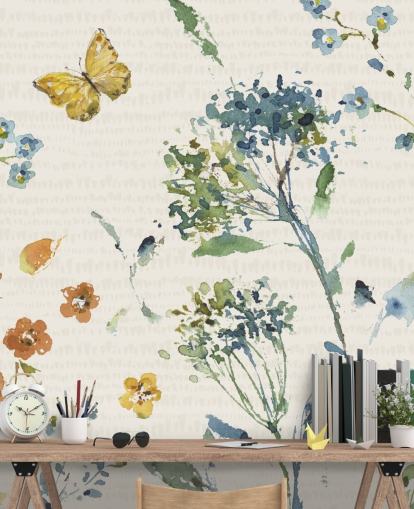 Blumen- und Schmetterlings-Wandbild in Blau und Orange