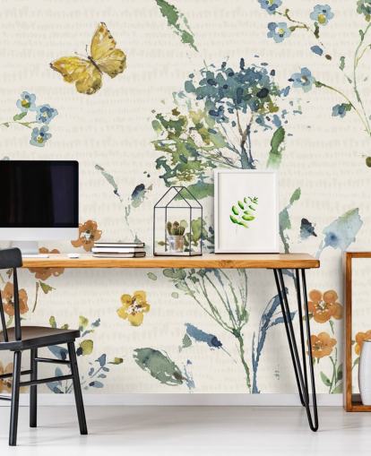 floral and butterfly wall mural in blues and oranges