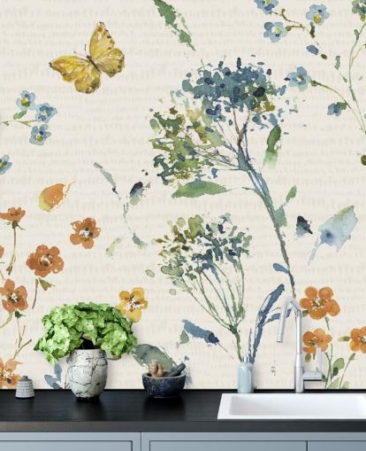 floral and butterfly wall mural in blues and oranges