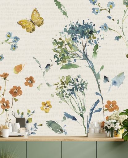 blomster- og sommerfuglveggmaleri i blå og appelsiner