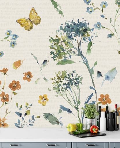 mural de pared floral y mariposa en azules y naranjas