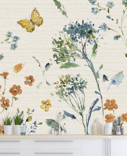 floral and butterfly wall mural in blues and oranges