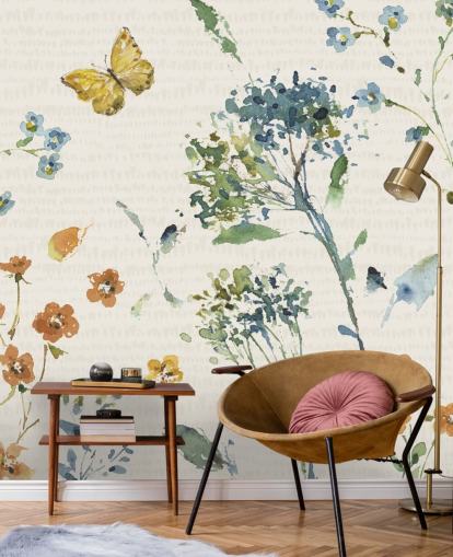 floral and butterfly wall mural in blues and oranges