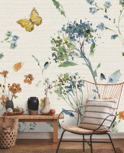 floral and butterfly wall mural in blues and oranges