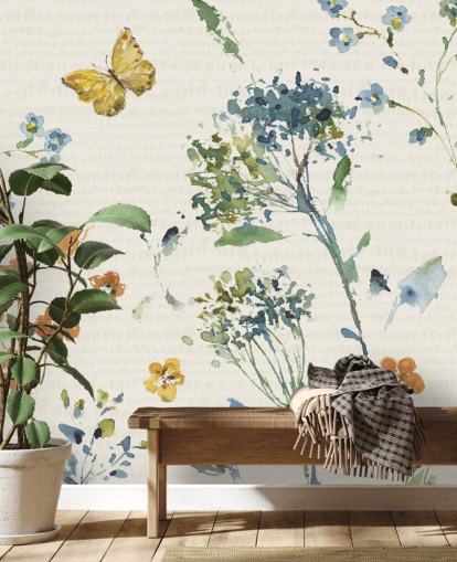 murale con fiori e farfalle in blu e arance