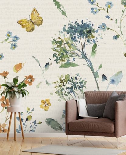 mural de parede floral e borboleta em azuis e laranjas