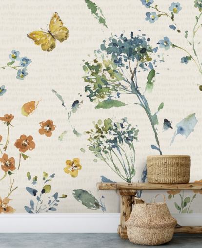 mural de parede floral e borboleta em azuis e laranjas