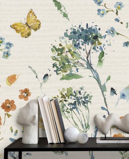 Blumen- und Schmetterlings-Wandbild in Blau und Orange