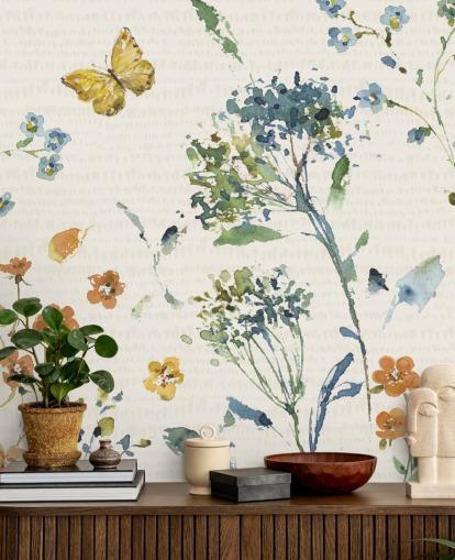 blommig och fjäril väggmålning i blues och apelsiner blommig och fjäril väggmålning i blues och apelsiner