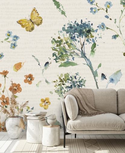 floral and butterfly wall mural in blues and oranges floral and butterfly wall mural in blues and oranges
