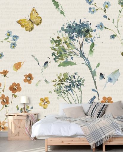 fresque murale florale et papillon dans les tons bleus et oranges