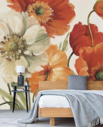 mural de pared de amapolas en naranja y rojo