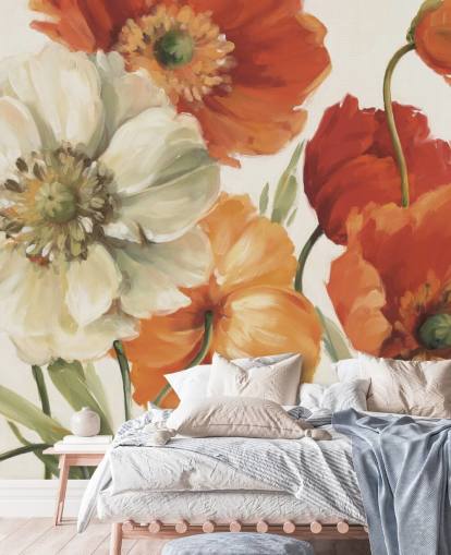 mural de parede de papoula em laranja e vermelho